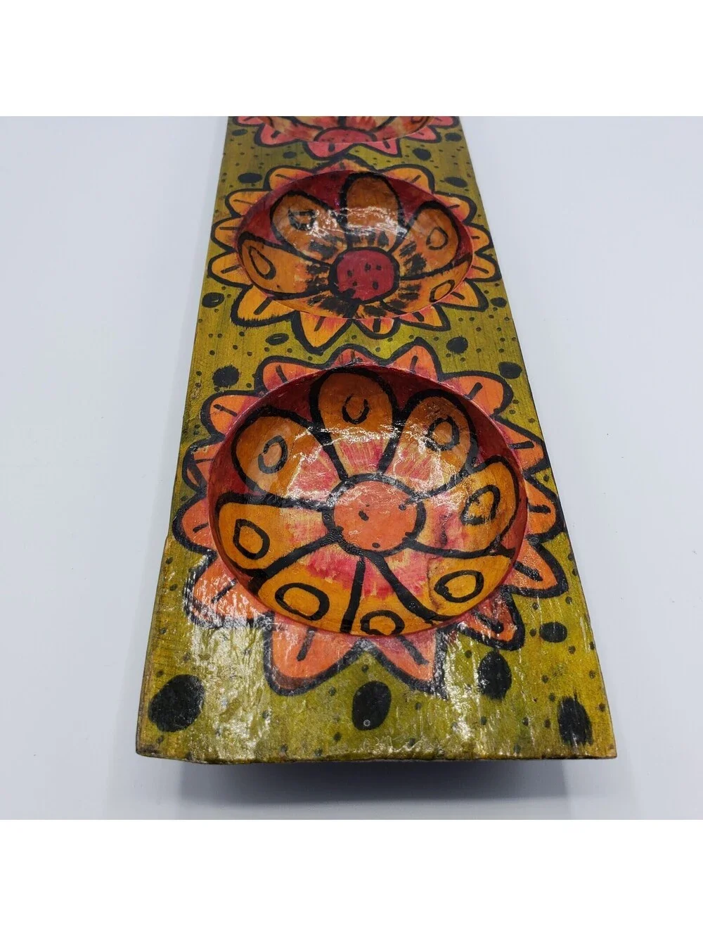 Hand Painted Divided Wood Tray Rectangle 3 Section Floral Boho Votive Holder